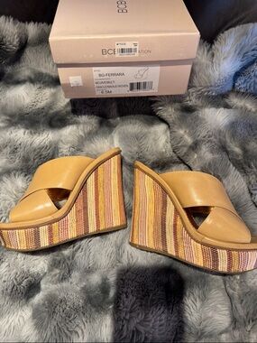 BCBG Tan Leather Multicolor Striped Wedge Sandals